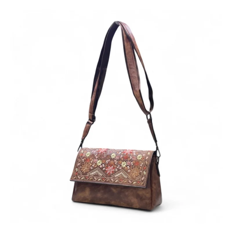 Women's Polyurethane Floral Embroidered Crossbody Sling Bag with Adjustable & Removable Strap (Dark Brown) - Image 4