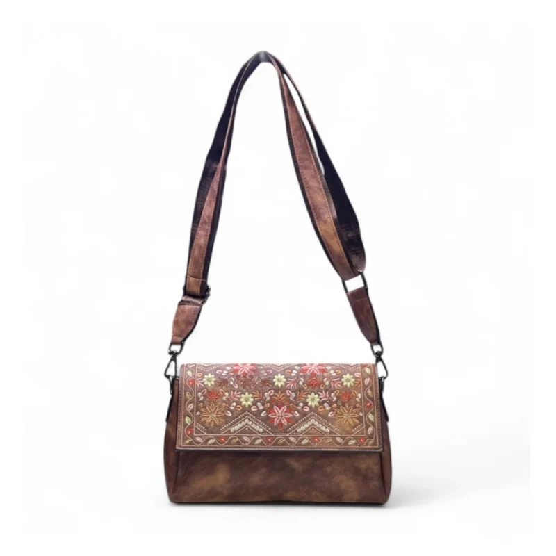 Women's Polyurethane Floral Embroidered Crossbody Sling Bag with Adjustable & Removable Strap (Dark Brown) - Image 5