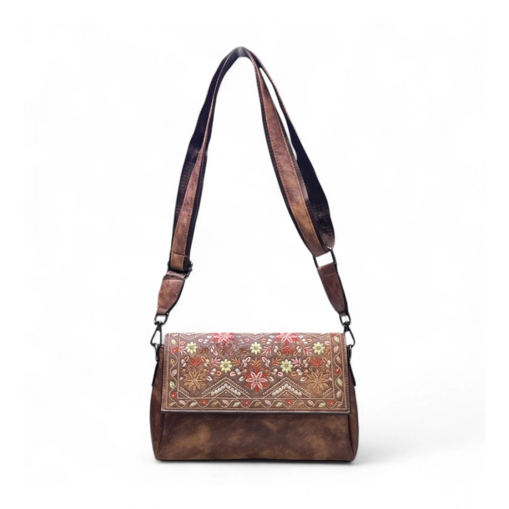 Women's Polyurethane Floral Embroidered Crossbody Sling Bag with Adjustable & Removable Strap (Dark Brown) - Image 5
