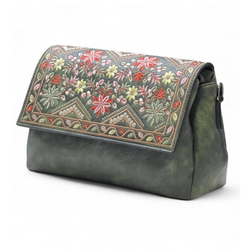 Women's Polyurethane Floral Embroidered Crossbody Sling Bag with Adjustable & Removable Strap (Green)