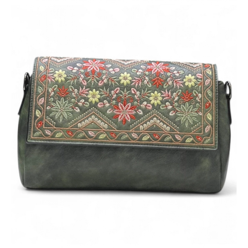 Women's Polyurethane Floral Embroidered Crossbody Sling Bag with Adjustable & Removable Strap (Green) - Image 2