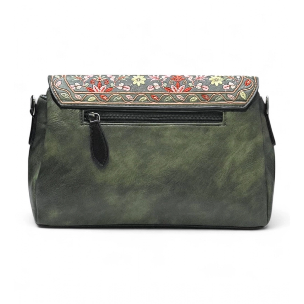 Women's Polyurethane Floral Embroidered Crossbody Sling Bag with Adjustable & Removable Strap (Green) - Image 3