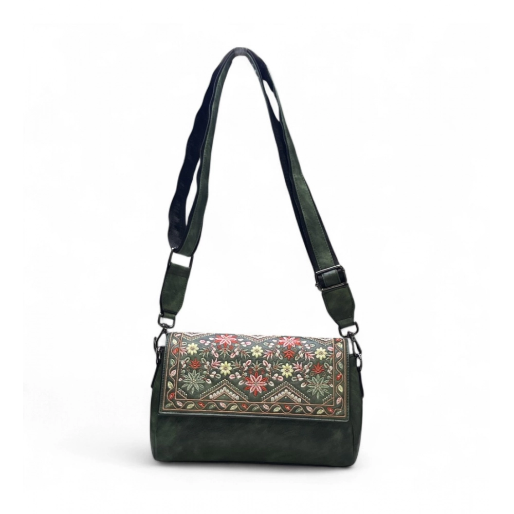 Women's Polyurethane Floral Embroidered Crossbody Sling Bag with Adjustable & Removable Strap (Green) - Image 4