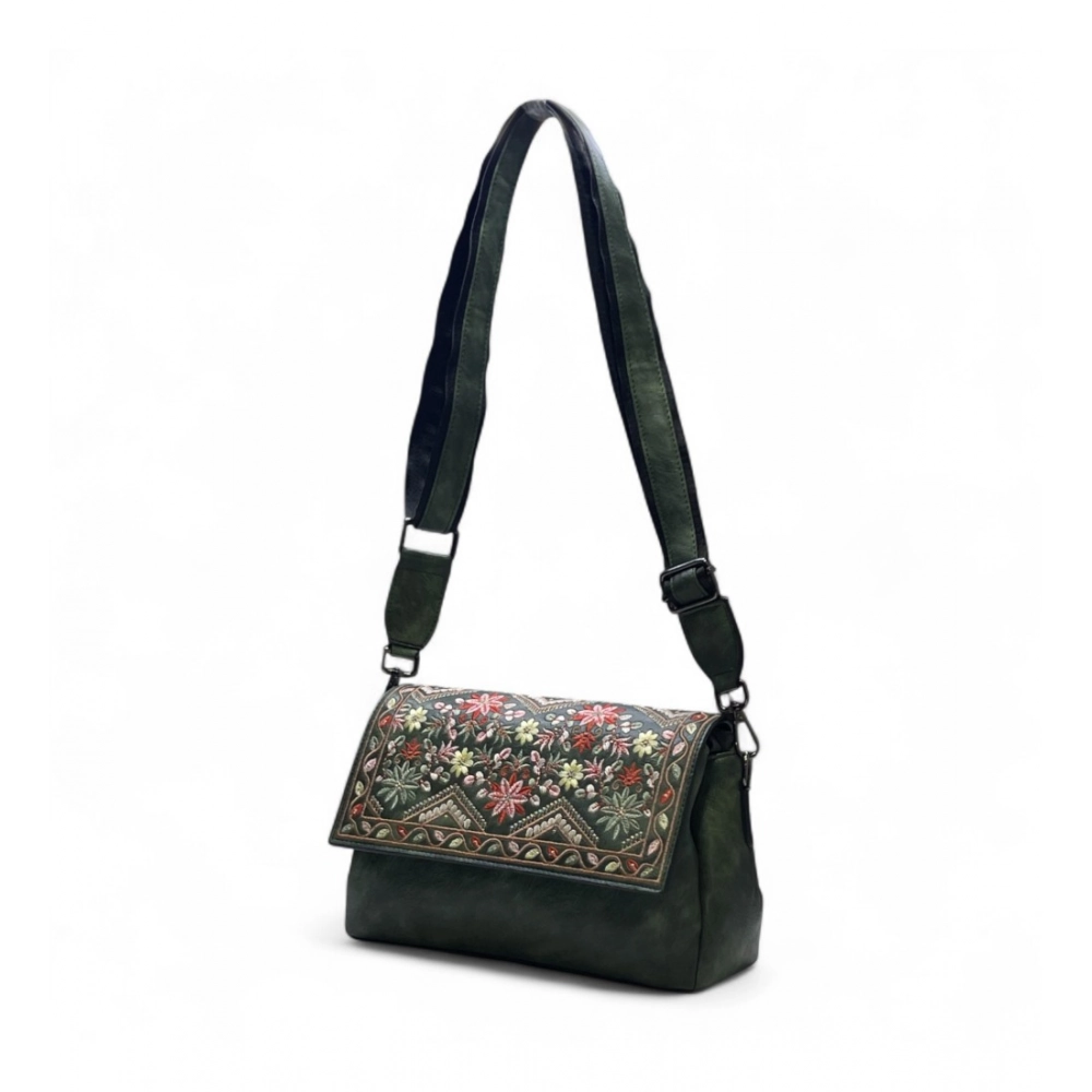 Women's Polyurethane Floral Embroidered Crossbody Sling Bag with Adjustable & Removable Strap (Green) - Image 5
