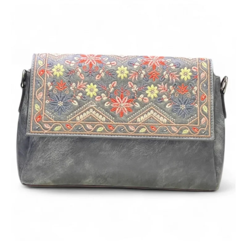 Women's Polyurethane Floral Embroidered Crossbody Sling Bag with Adjustable & Removable Strap (Grey) - Image 2