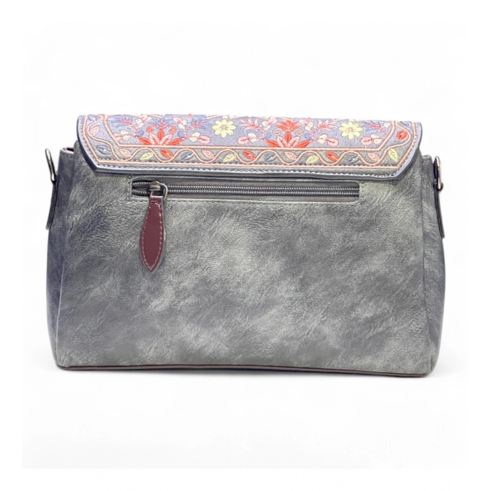 Women's Polyurethane Floral Embroidered Crossbody Sling Bag with Adjustable & Removable Strap (Grey) - Image 3