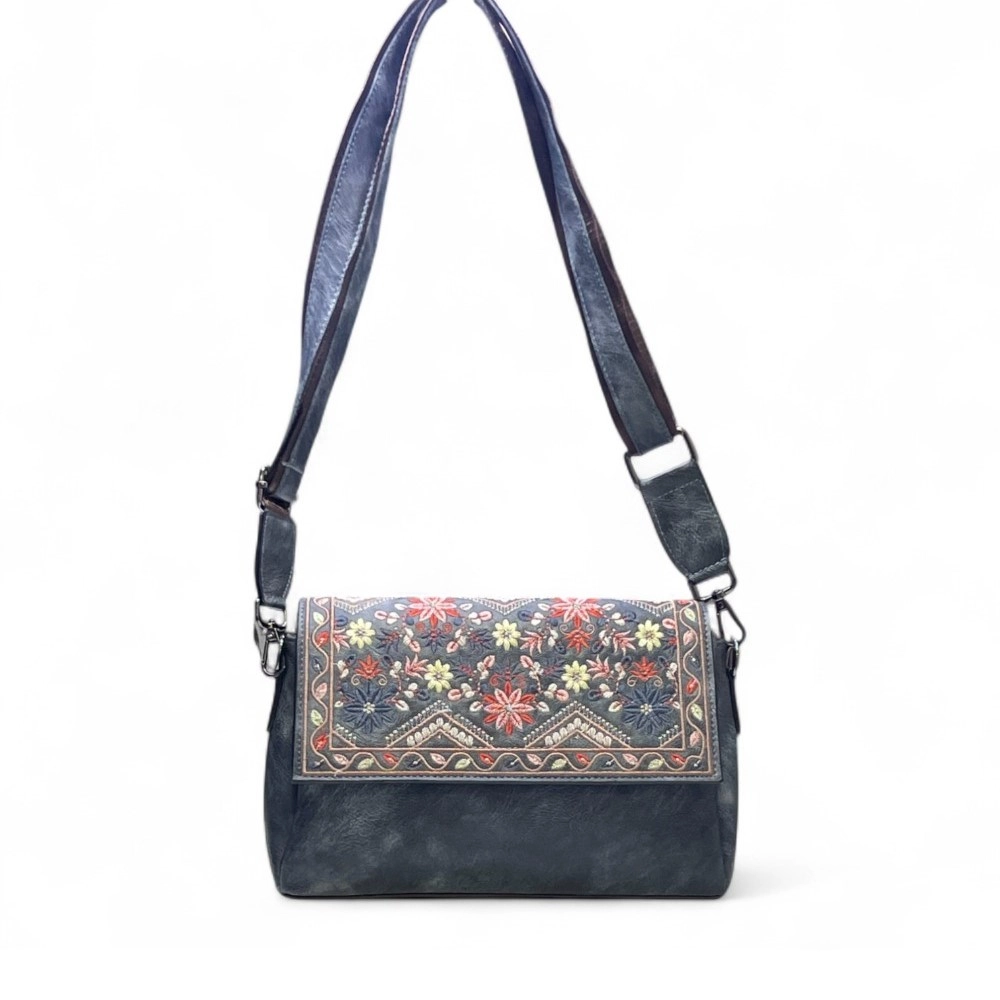 Women's Polyurethane Floral Embroidered Crossbody Sling Bag with Adjustable & Removable Strap (Grey) - Image 4