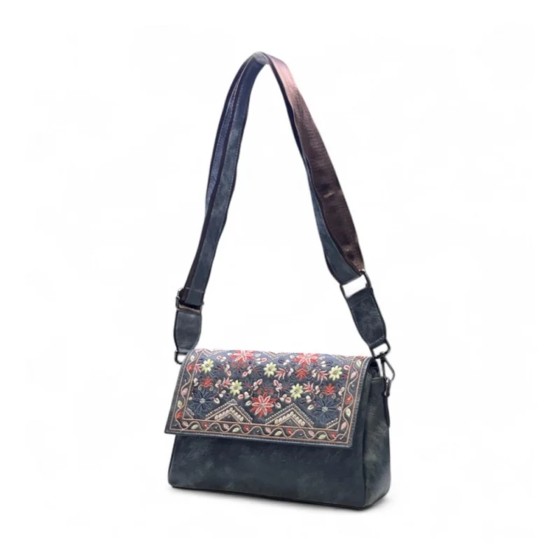 Women's Polyurethane Floral Embroidered Crossbody Sling Bag with Adjustable & Removable Strap (Grey) - Image 5