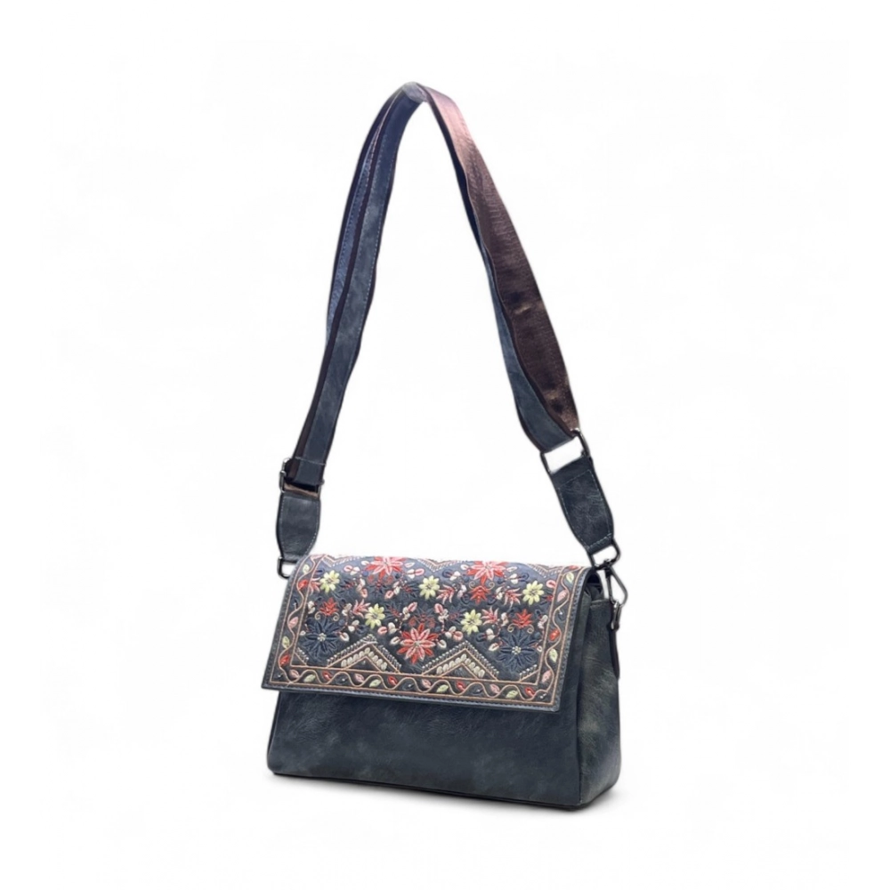 Women's Polyurethane Floral Embroidered Crossbody Sling Bag with Adjustable & Removable Strap (Grey) - Image 5