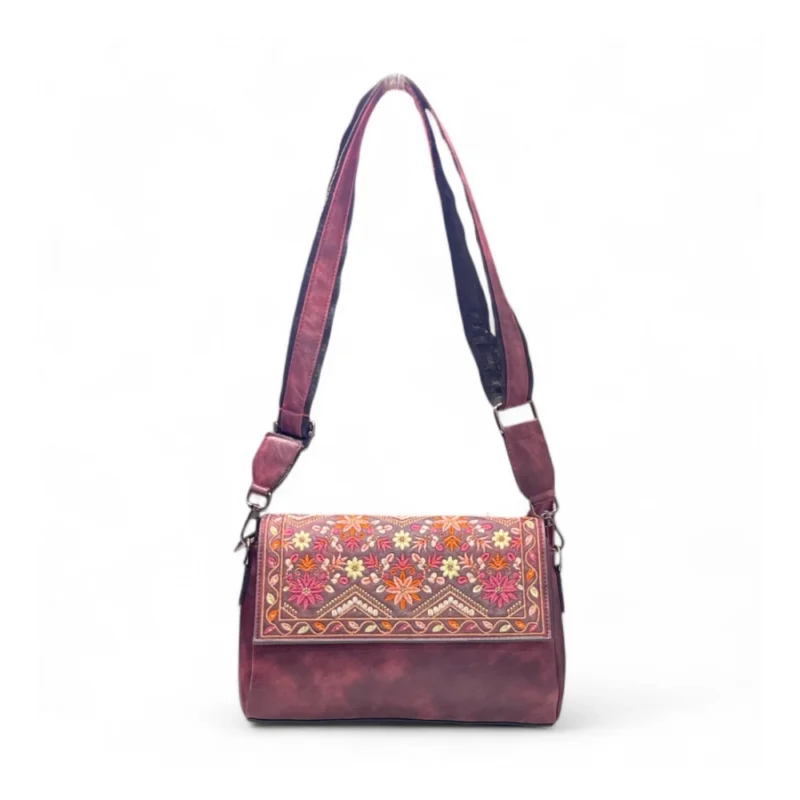 Women's Polyurethane Floral Embroidered Crossbody Sling Bag with Adjustable & Removable Strap (Red) - Image 4