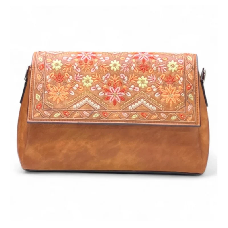 Women's Polyurethane Floral Embroidered Crossbody Sling Bag with Adjustable & Removable Strap (Tan) - Image 2