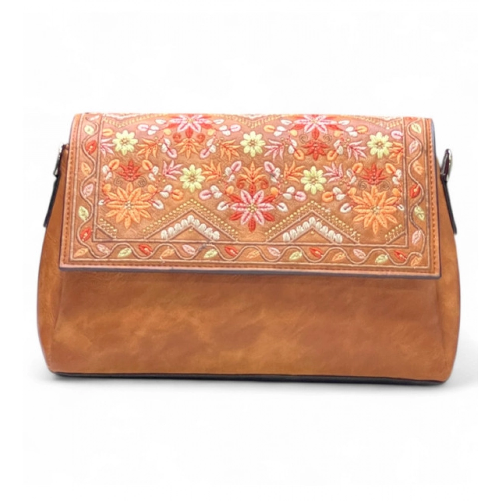 Women's Polyurethane Floral Embroidered Crossbody Sling Bag with Adjustable & Removable Strap (Tan) - Image 2