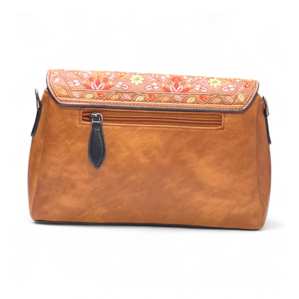 Women's Polyurethane Floral Embroidered Crossbody Sling Bag with Adjustable & Removable Strap (Tan) - Image 3