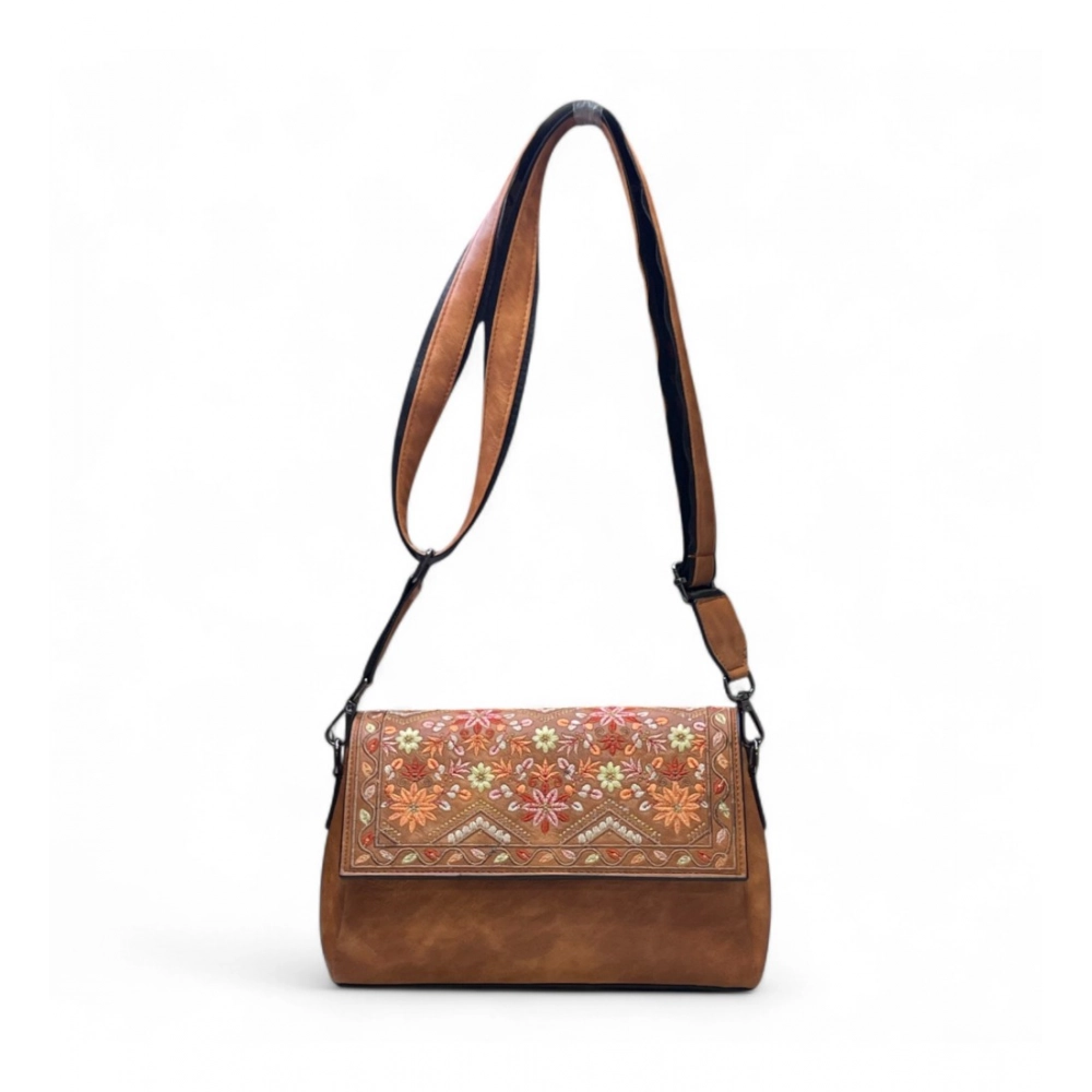 Women's Polyurethane Floral Embroidered Crossbody Sling Bag with Adjustable & Removable Strap (Tan) - Image 4