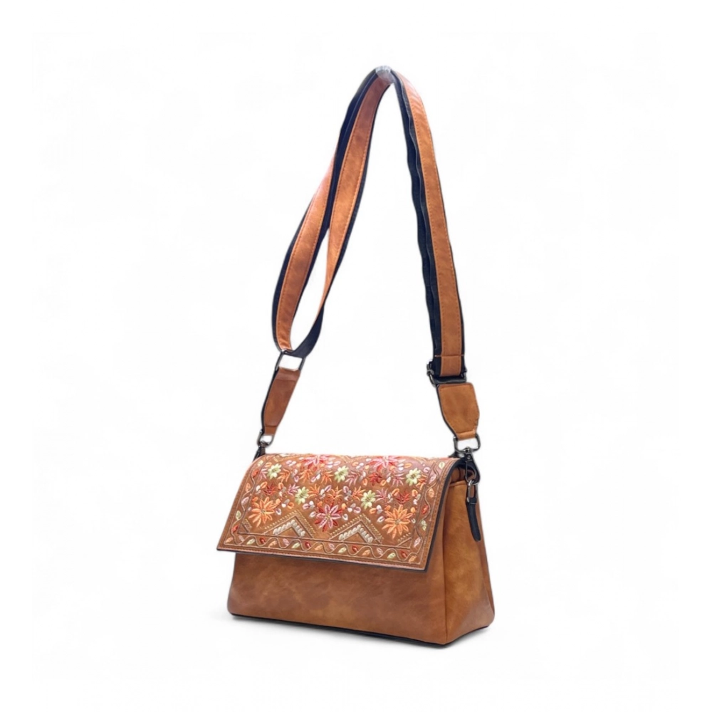 Women's Polyurethane Floral Embroidered Crossbody Sling Bag with Adjustable & Removable Strap (Tan) - Image 5