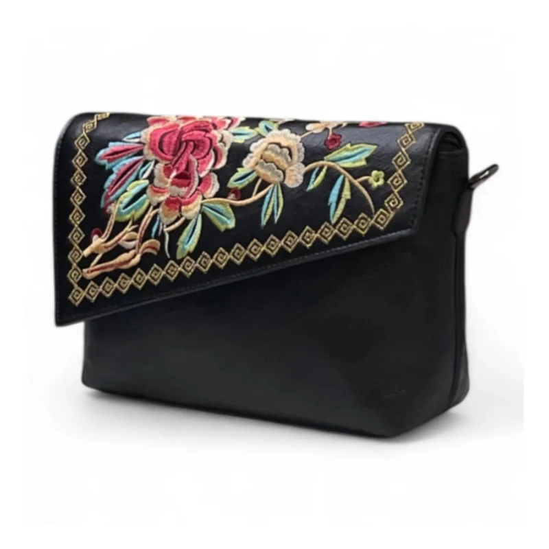 Women's Polyurethane Floral Embroidered Crossbody Sling Bag with Adjustable & Removable Strap (Black)
