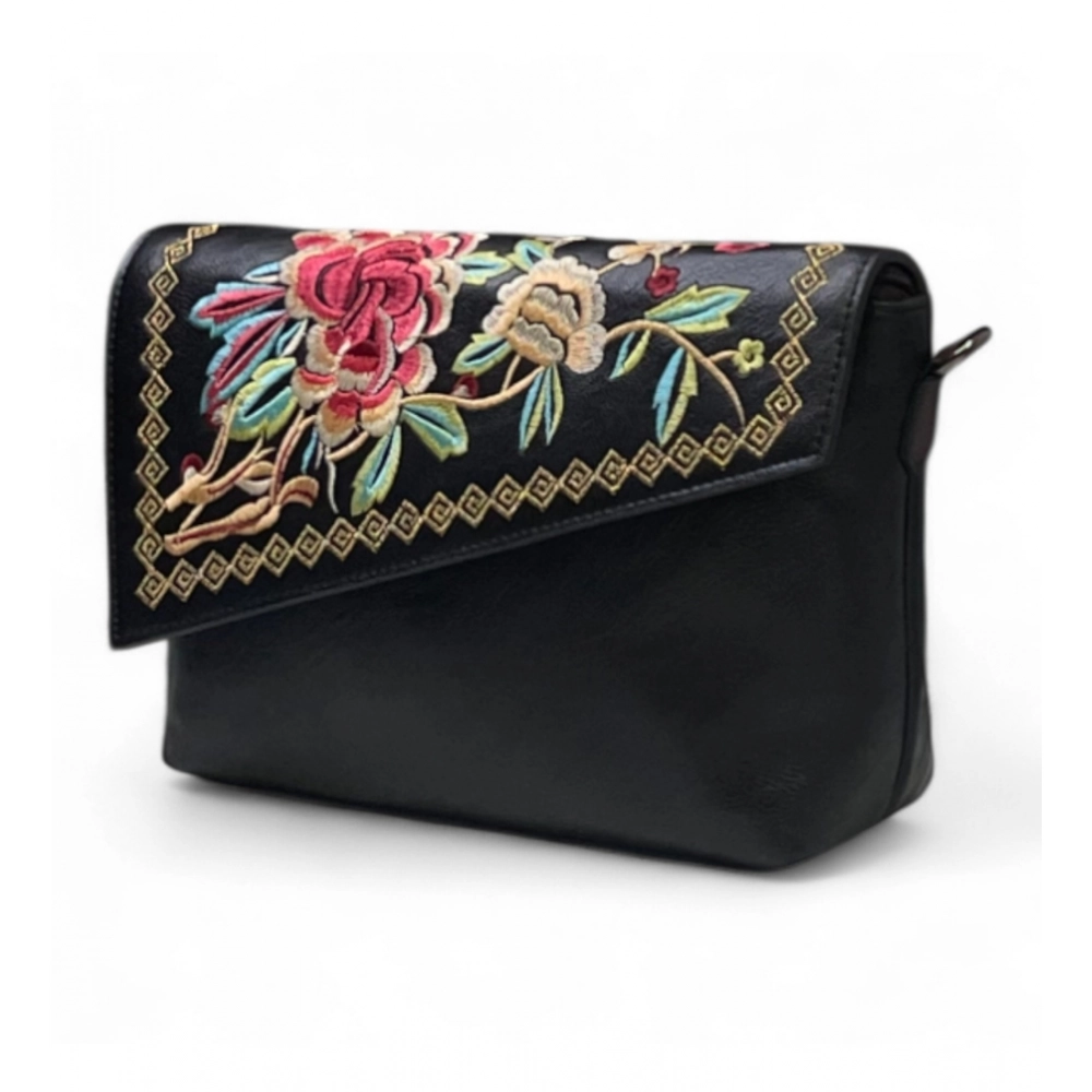 Women's Polyurethane Floral Embroidered Crossbody Sling Bag with Adjustable & Removable Strap (Black)