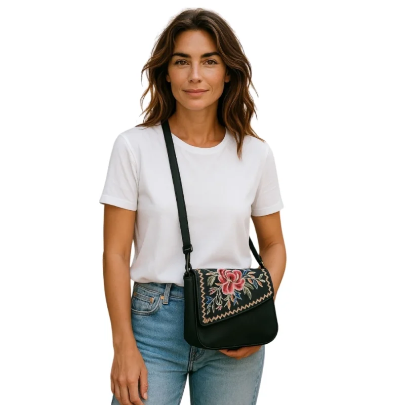 Women's Polyurethane Floral Embroidered Crossbody Sling Bag with Adjustable & Removable Strap (Black) - Image 2