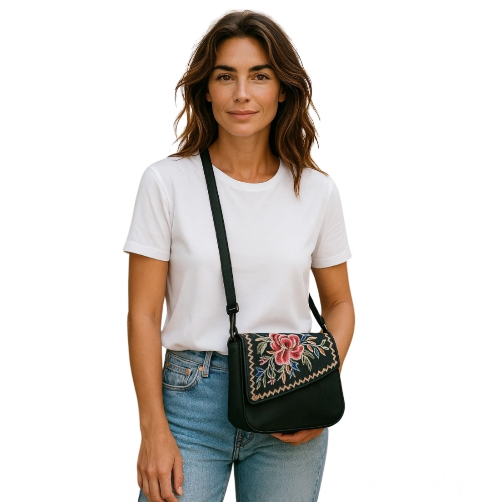Women's Polyurethane Floral Embroidered Crossbody Sling Bag with Adjustable & Removable Strap (Black) - Image 2
