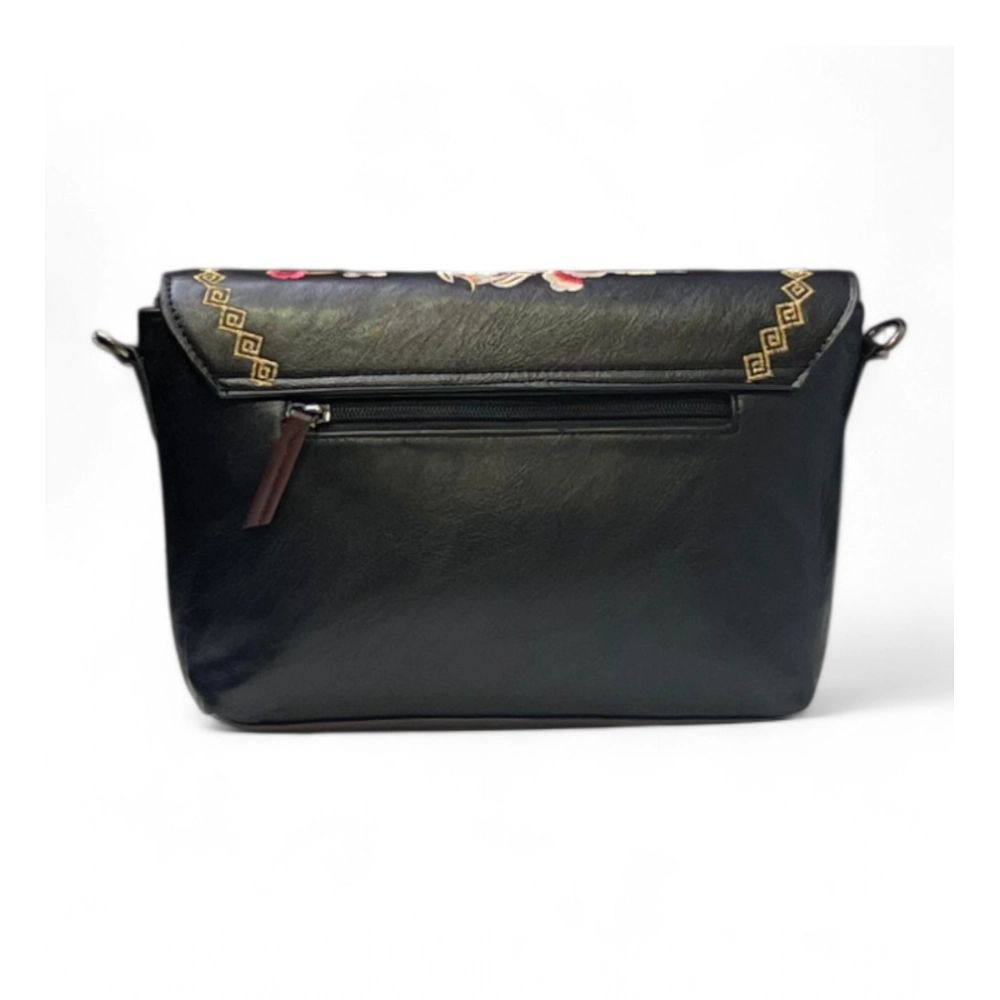 Women's Polyurethane Floral Embroidered Crossbody Sling Bag with Adjustable & Removable Strap (Black) - Image 3