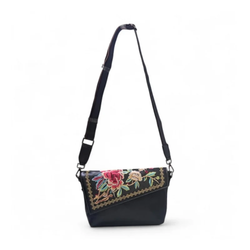 Women's Polyurethane Floral Embroidered Crossbody Sling Bag with Adjustable & Removable Strap (Black) - Image 4