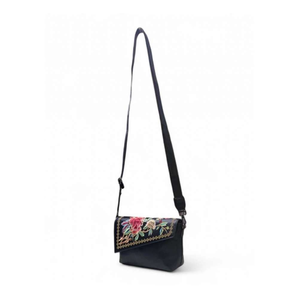 Women's Polyurethane Floral Embroidered Crossbody Sling Bag with Adjustable & Removable Strap (Black) - Image 5