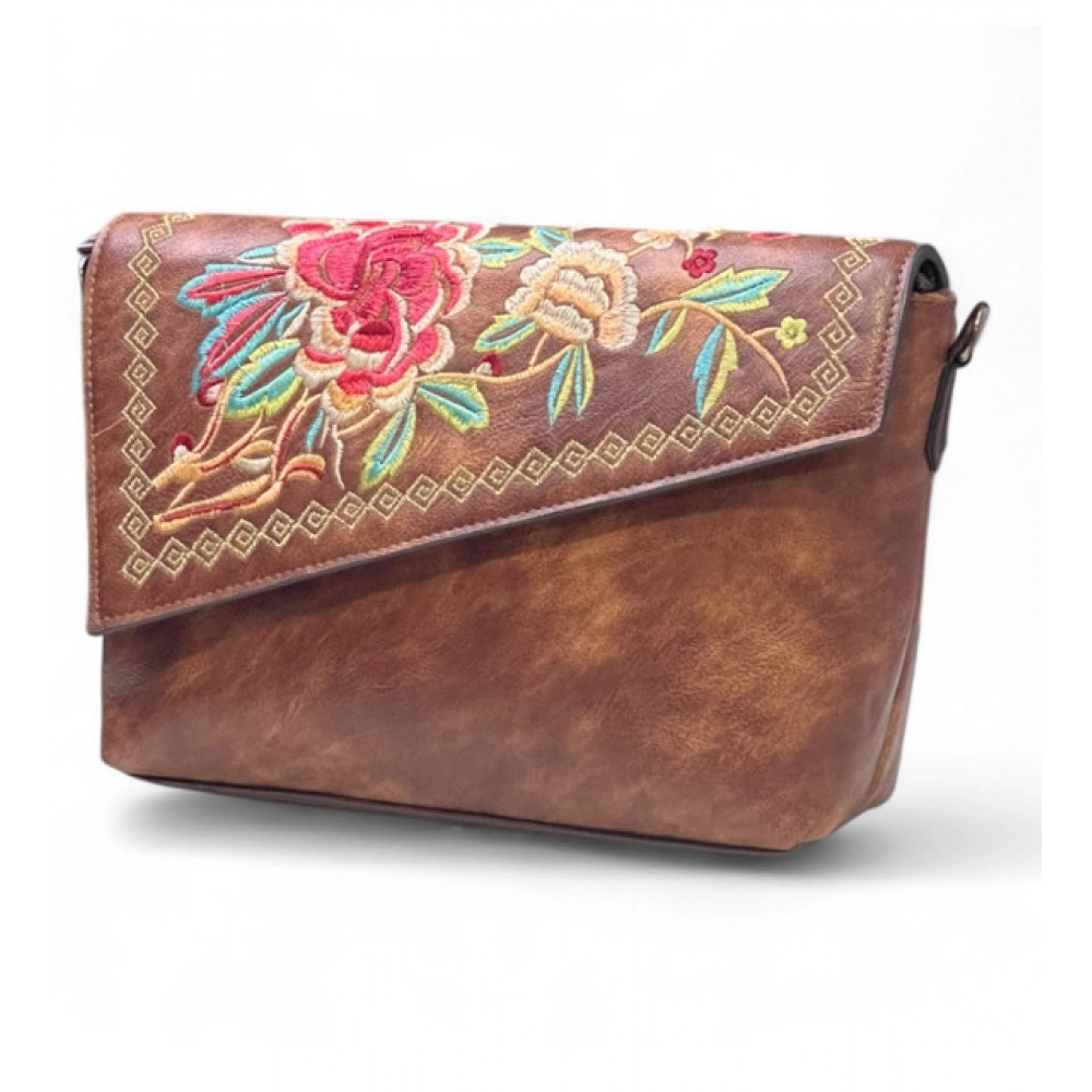 Women's Polyurethane Floral Embroidered Crossbody Sling Bag with Adjustable & Removable Strap (Brown)