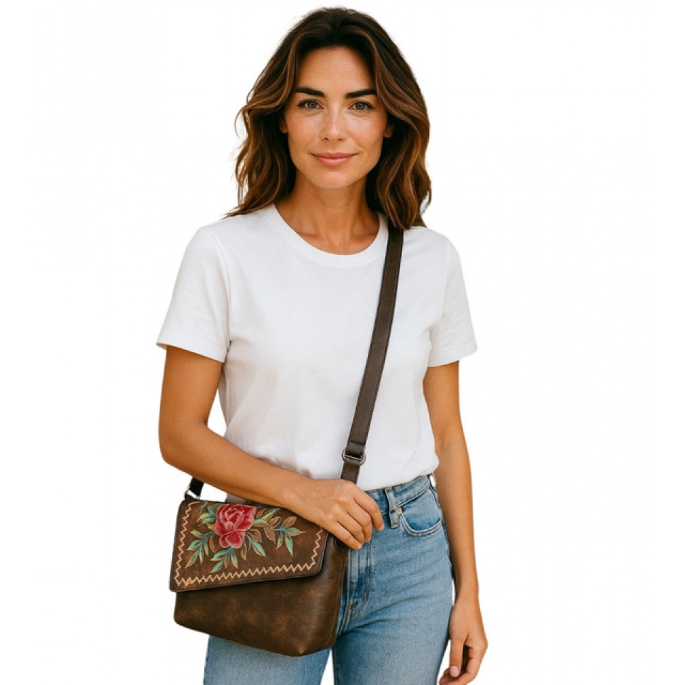 Women's Polyurethane Floral Embroidered Crossbody Sling Bag with Adjustable & Removable Strap (Brown) - Image 2