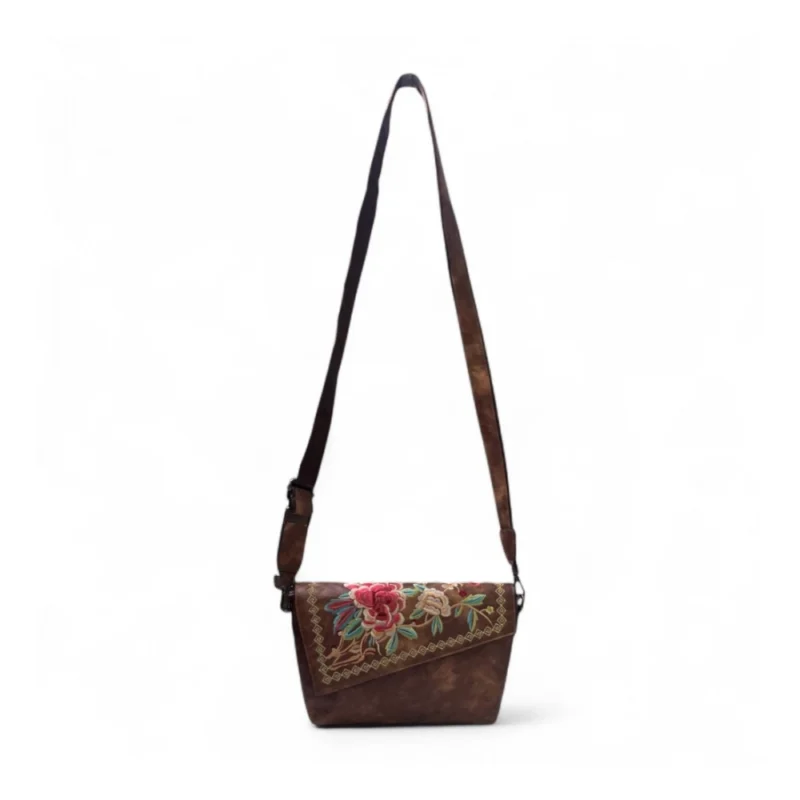 Women's Polyurethane Floral Embroidered Crossbody Sling Bag with Adjustable & Removable Strap (Brown) - Image 3