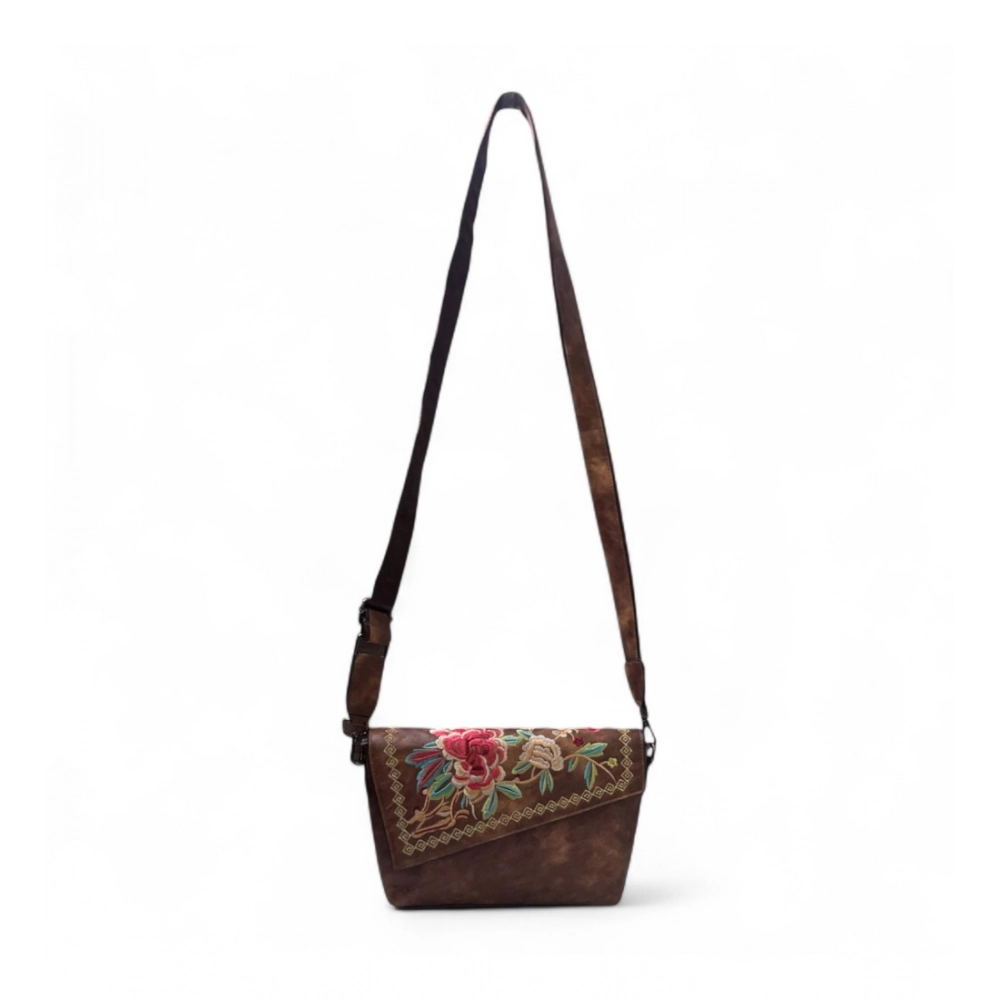 Women's Polyurethane Floral Embroidered Crossbody Sling Bag with Adjustable & Removable Strap (Brown) - Image 3