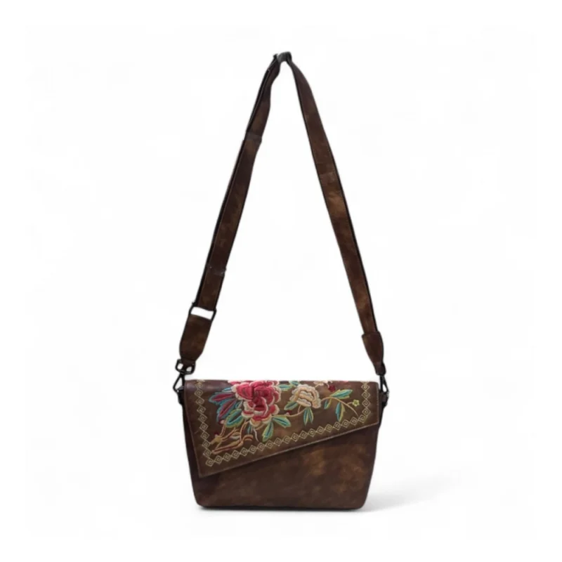 Women's Polyurethane Floral Embroidered Crossbody Sling Bag with Adjustable & Removable Strap (Brown) - Image 4