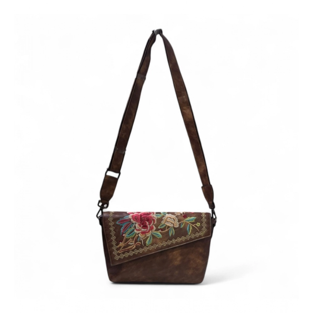Women's Polyurethane Floral Embroidered Crossbody Sling Bag with Adjustable & Removable Strap (Brown) - Image 4