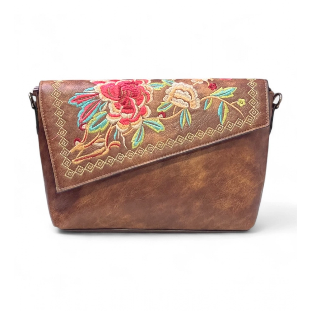 Women's Polyurethane Floral Embroidered Crossbody Sling Bag with Adjustable & Removable Strap (Brown) - Image 5