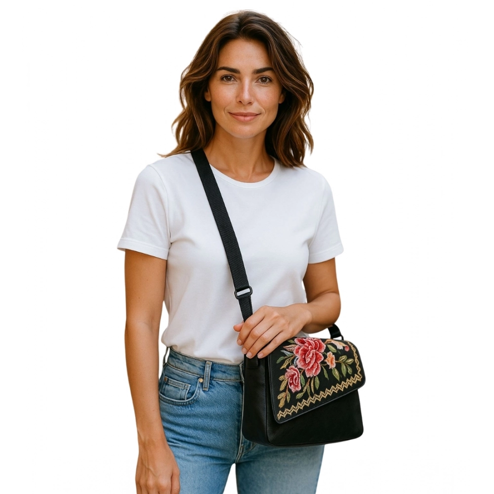 Women's Polyurethane Floral Embroidered Crossbody Sling Bag with Adjustable & Removable Strap (Coffee) - Image 2