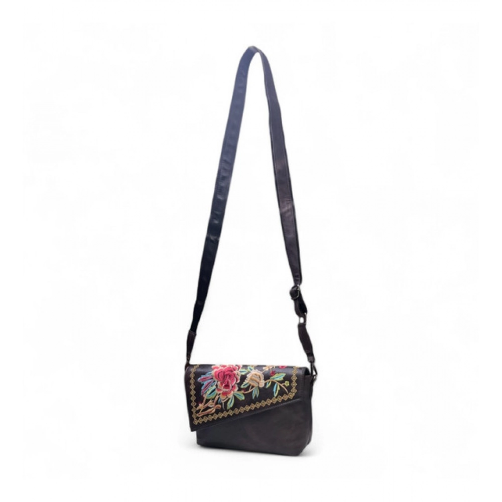 Women's Polyurethane Floral Embroidered Crossbody Sling Bag with Adjustable & Removable Strap (Coffee) - Image 3