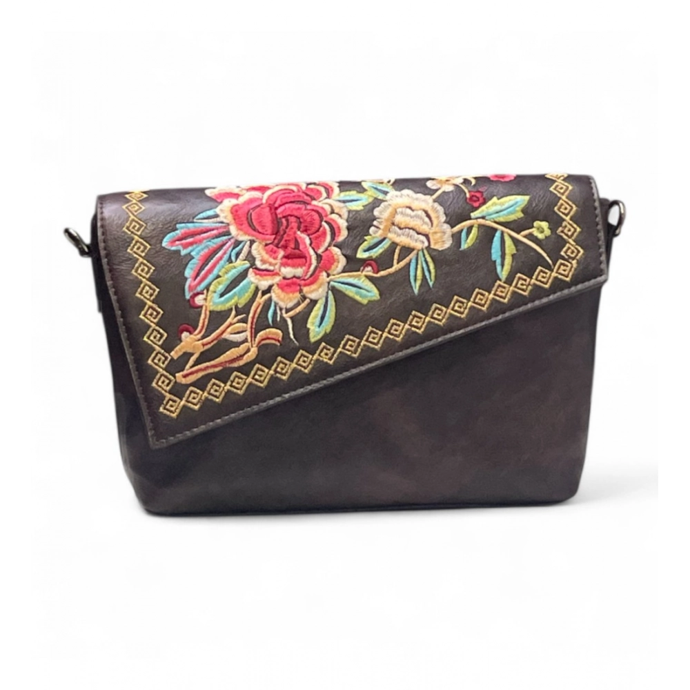Women's Polyurethane Floral Embroidered Crossbody Sling Bag with Adjustable & Removable Strap (Coffee) - Image 5