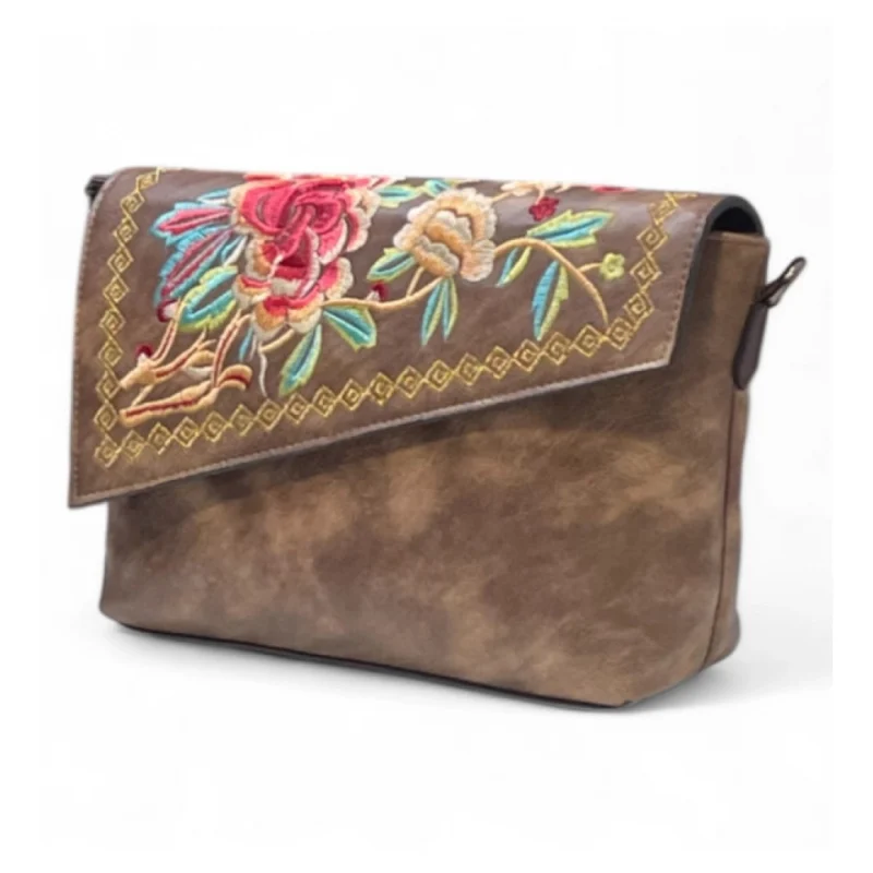Women's Polyurethane Floral Embroidered Crossbody Sling Bag with Adjustable & Removable Strap (Dark Brown)