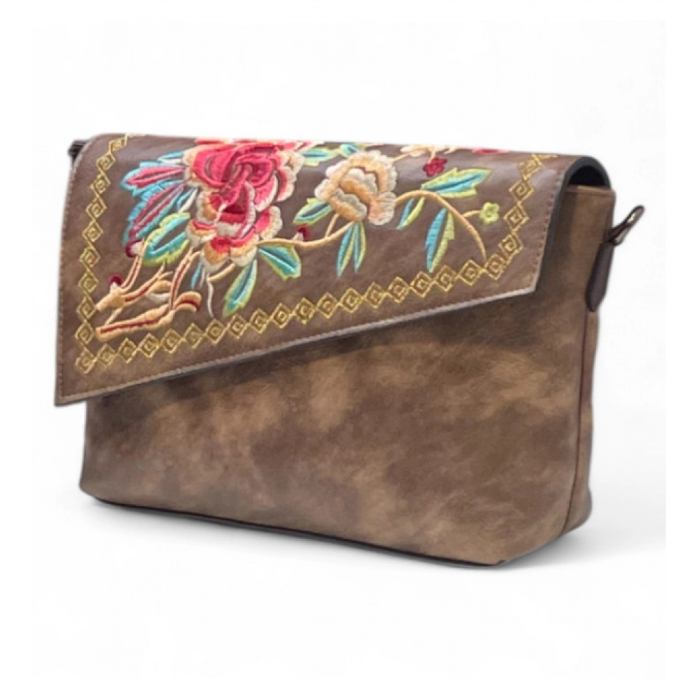 Women's Polyurethane Floral Embroidered Crossbody Sling Bag with Adjustable & Removable Strap (Dark Brown)