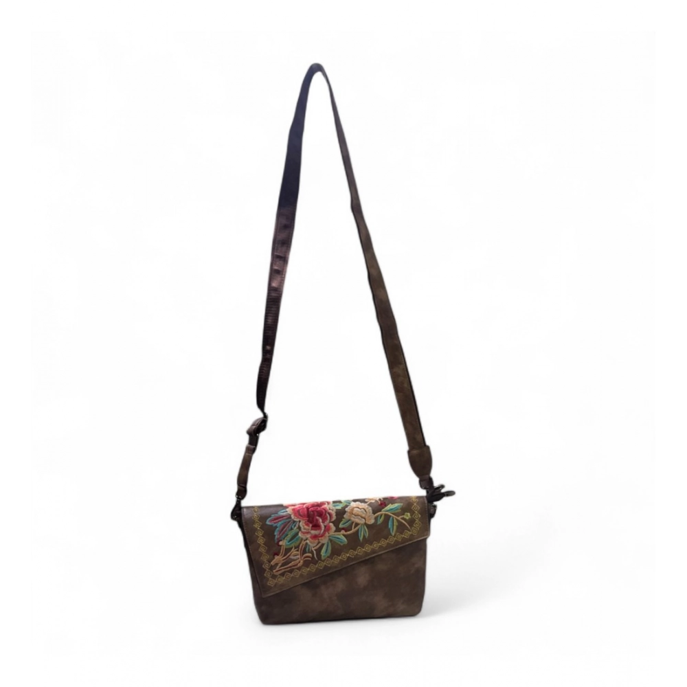 Women's Polyurethane Floral Embroidered Crossbody Sling Bag with Adjustable & Removable Strap (Dark Brown) - Image 3