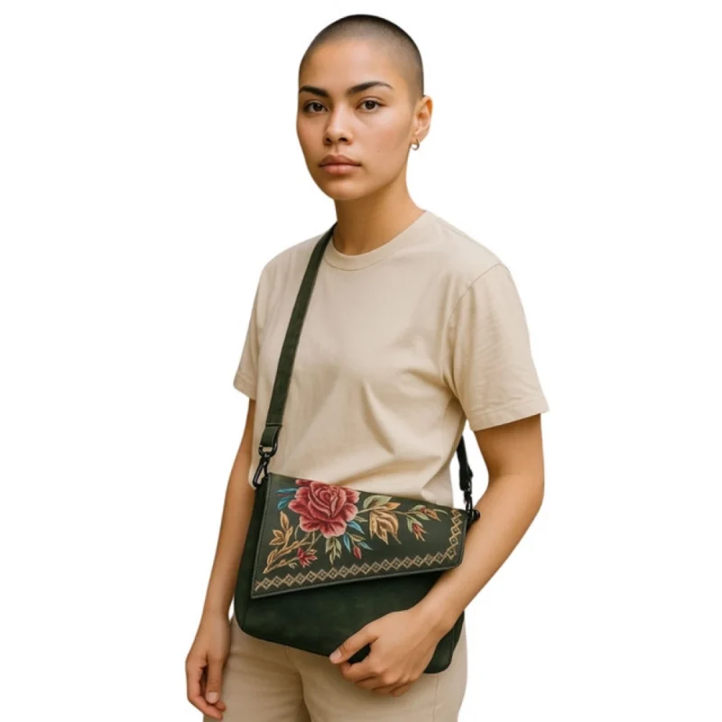 Women's Polyurethane Floral Embroidered Crossbody Sling Bag with Adjustable & Removable Strap (Green) - Image 2