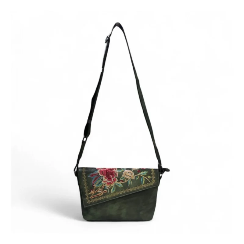 Women's Polyurethane Floral Embroidered Crossbody Sling Bag with Adjustable & Removable Strap (Green) - Image 4