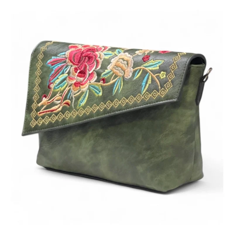 Women's Polyurethane Floral Embroidered Crossbody Sling Bag with Adjustable & Removable Strap (Green) - Image 5