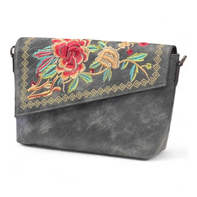 Women's Polyurethane Floral Embroidered Crossbody Sling Bag with Adjustable & Removable Strap (Grey) - Image 2
