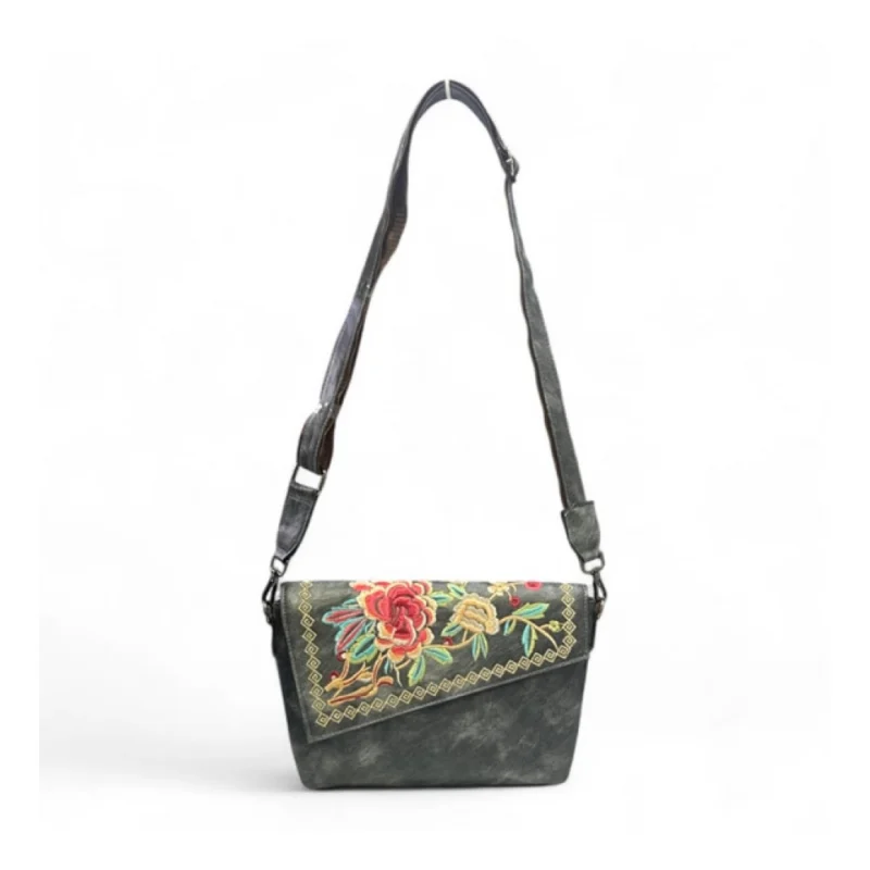 Women's Polyurethane Floral Embroidered Crossbody Sling Bag with Adjustable & Removable Strap (Grey) - Image 3