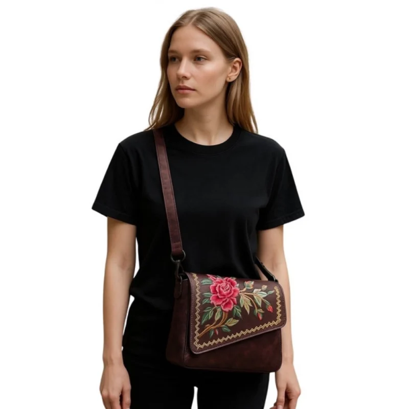 Women's Polyurethane Floral Embroidered Crossbody Sling Bag with Adjustable & Removable Strap (Red) - Image 2