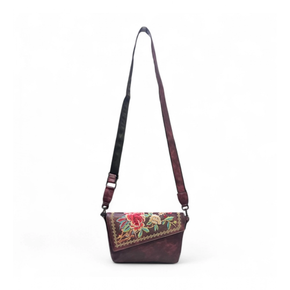 Women's Polyurethane Floral Embroidered Crossbody Sling Bag with Adjustable & Removable Strap (Red) - Image 3
