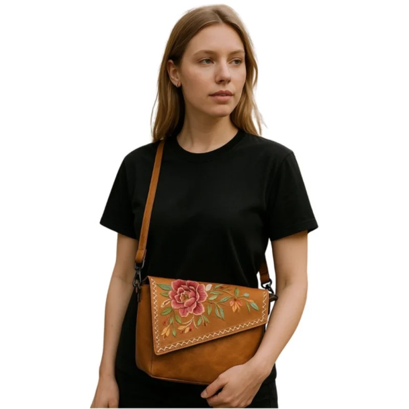 Women's Polyurethane Floral Embroidered Crossbody Sling Bag with Adjustable & Removable Strap (Tan) - Image 2