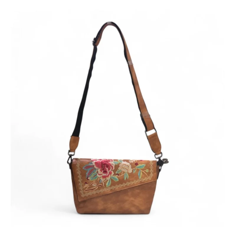 Women's Polyurethane Floral Embroidered Crossbody Sling Bag with Adjustable & Removable Strap (Tan) - Image 3