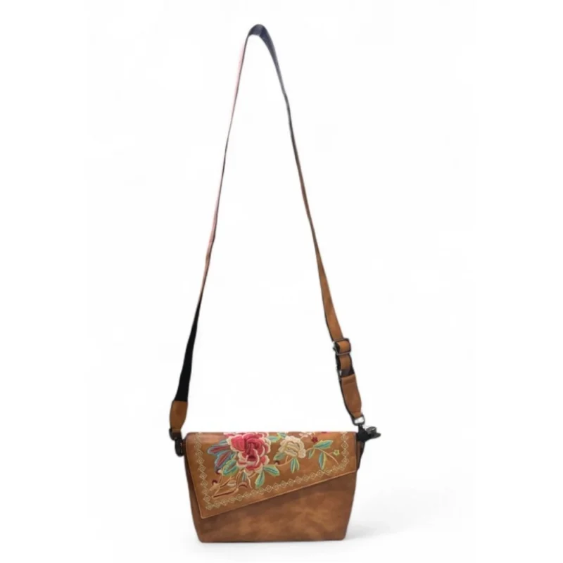 Women's Polyurethane Floral Embroidered Crossbody Sling Bag with Adjustable & Removable Strap (Tan) - Image 4