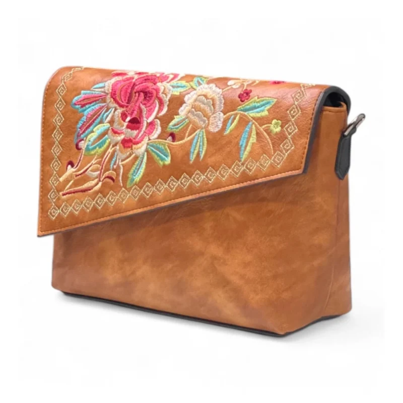 Women's Polyurethane Floral Embroidered Crossbody Sling Bag with Adjustable & Removable Strap (Tan) - Image 5